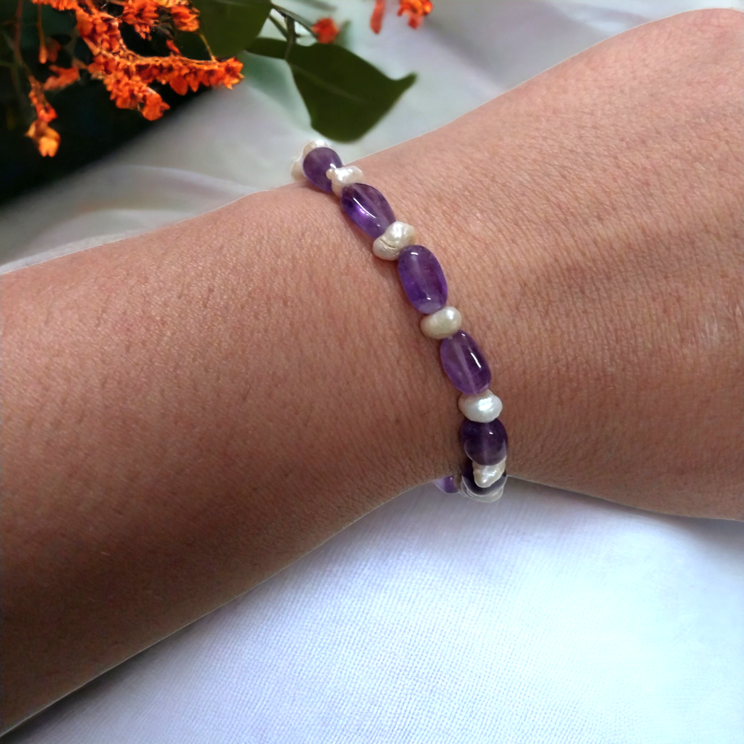 92.5 silver amethyst pearl bracelet