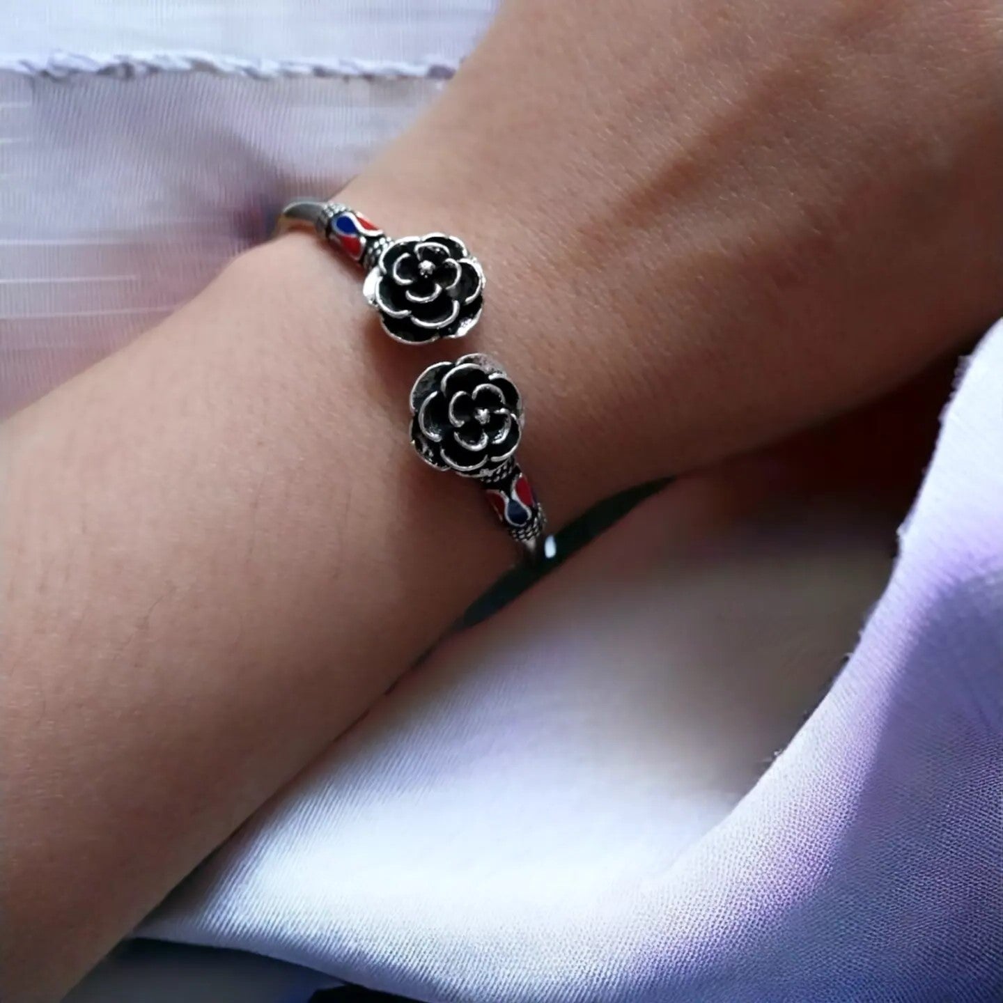 92.5 silver oxidized floral kada Bracelet | Allure Trinkets