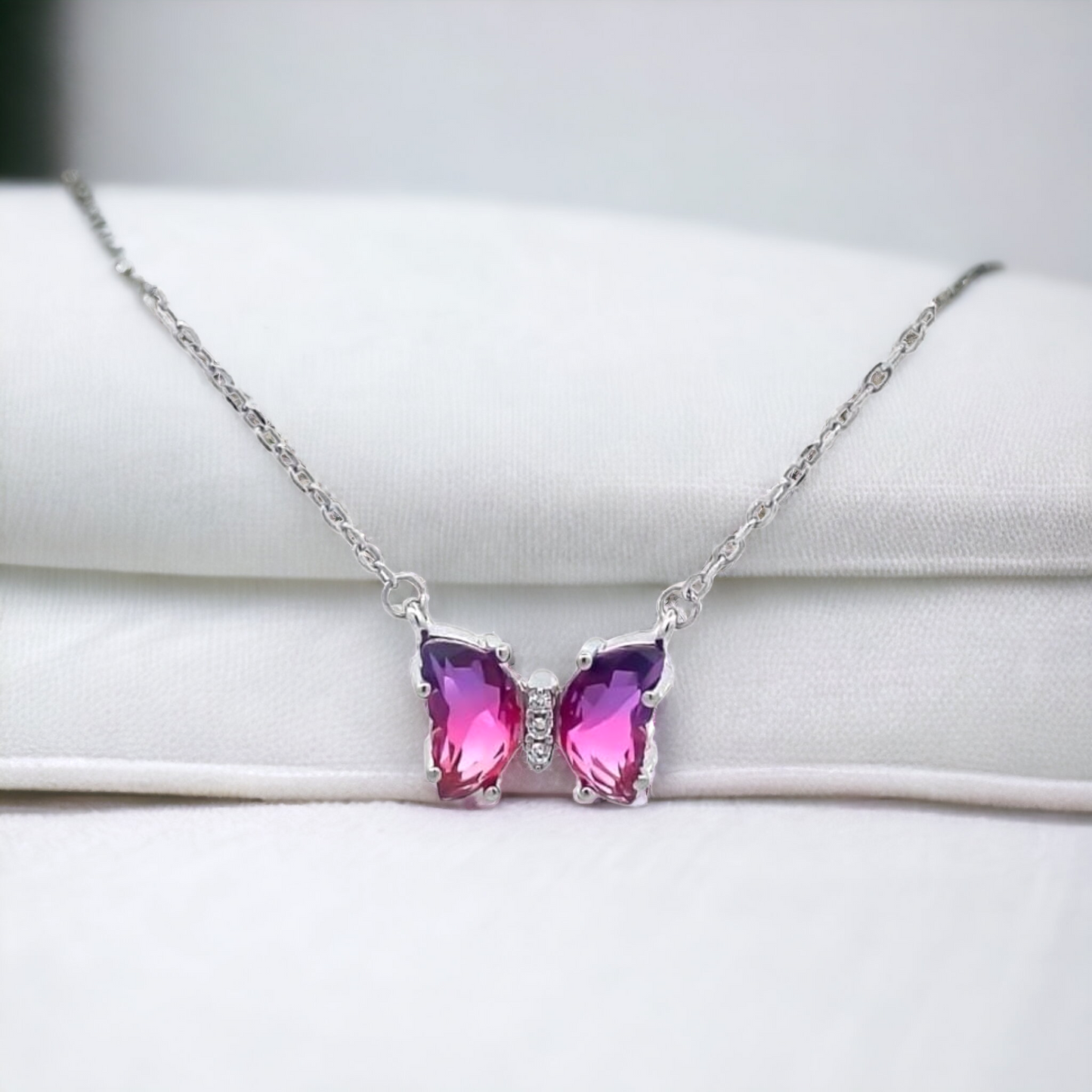 92.5 silver pink purple butterfly pendant chain