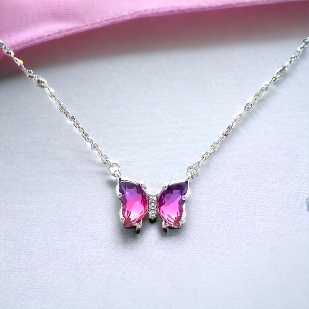 92.5 silver pink purple butterfly pendant chain