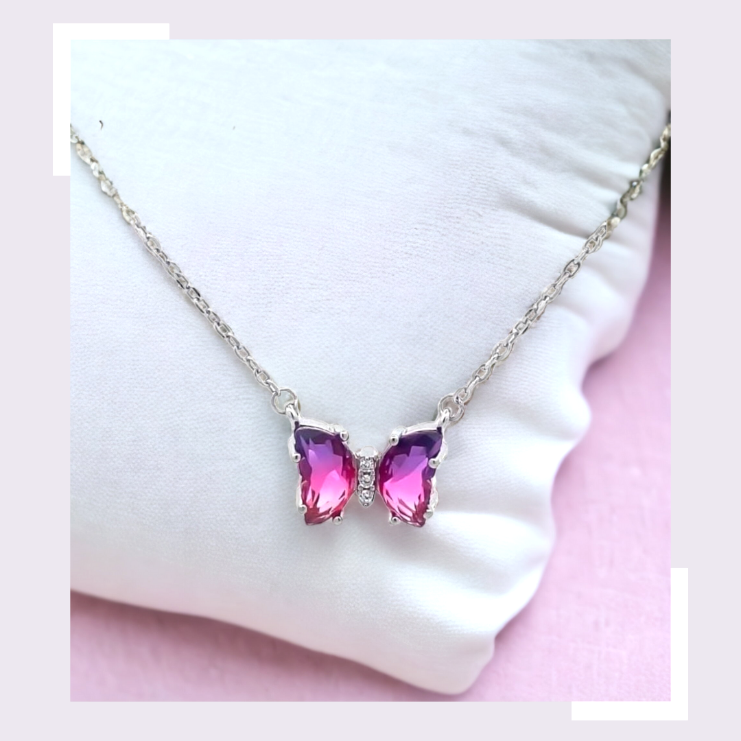 92.5 silver pink purple butterfly pendant chain