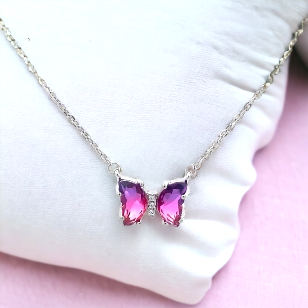 92.5 silver pink purple butterfly pendant chain