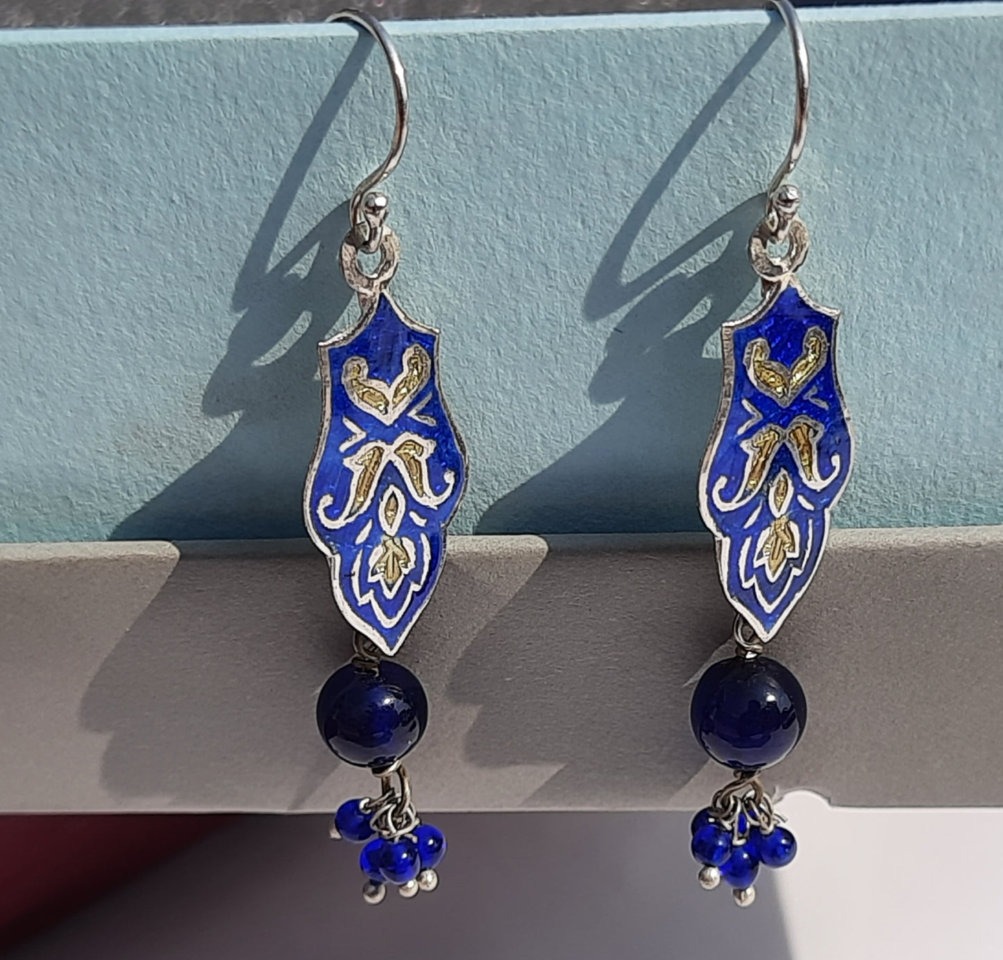 Hallmarked 92.5 Pure Silver Meera Meenakari Dark Blue Danglers