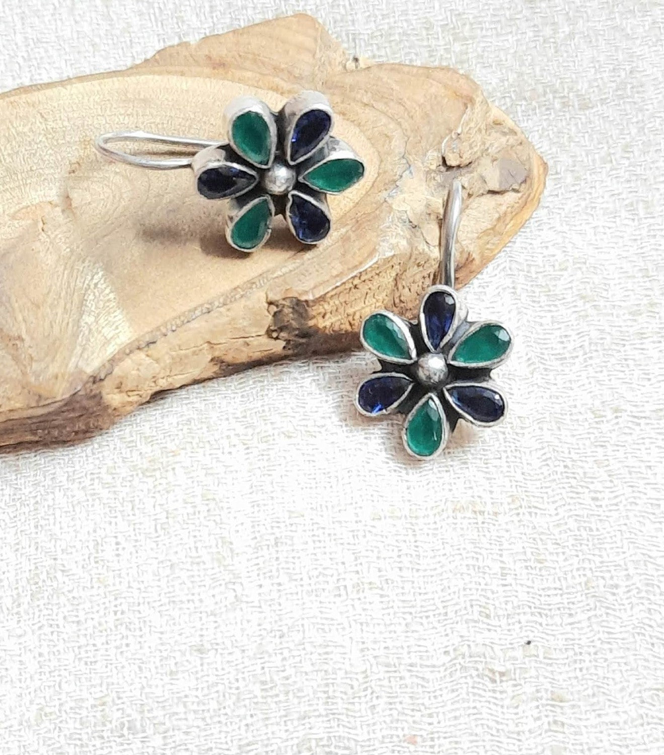 92.5 Silver Green Blue Floral Earrings | Allure Trinkets
