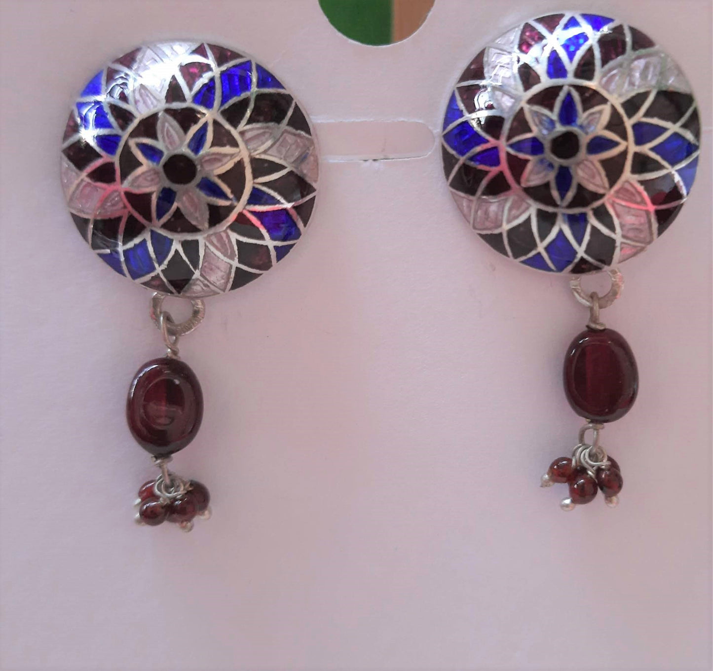 Hallmarked 92.5 Pure Silver Sheena Meenakari Dark Blue, Pink, Maroon Earings