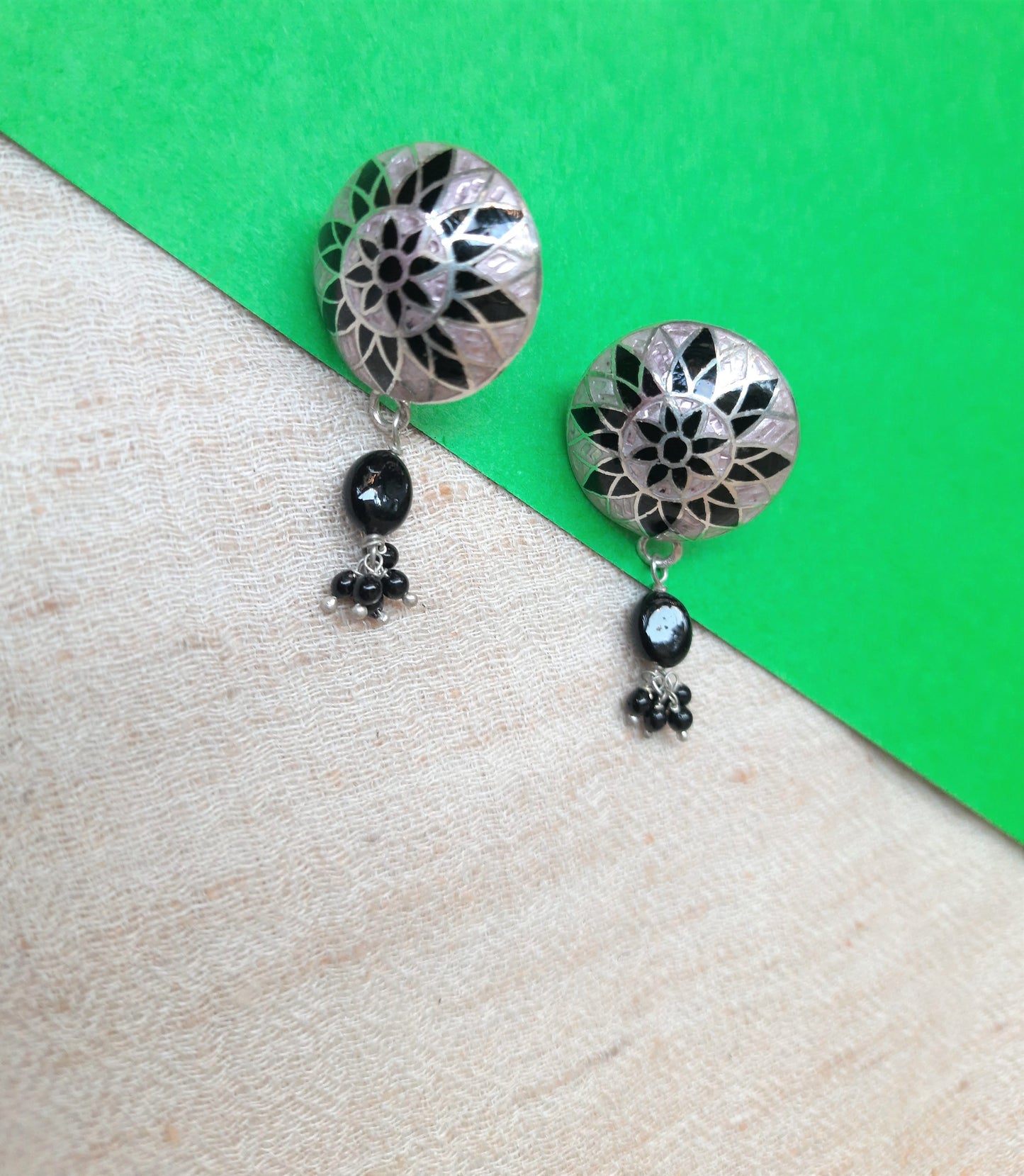 Hallmarked 92.5 Pure Silver Sheena Meenakari Pink, Black Earings