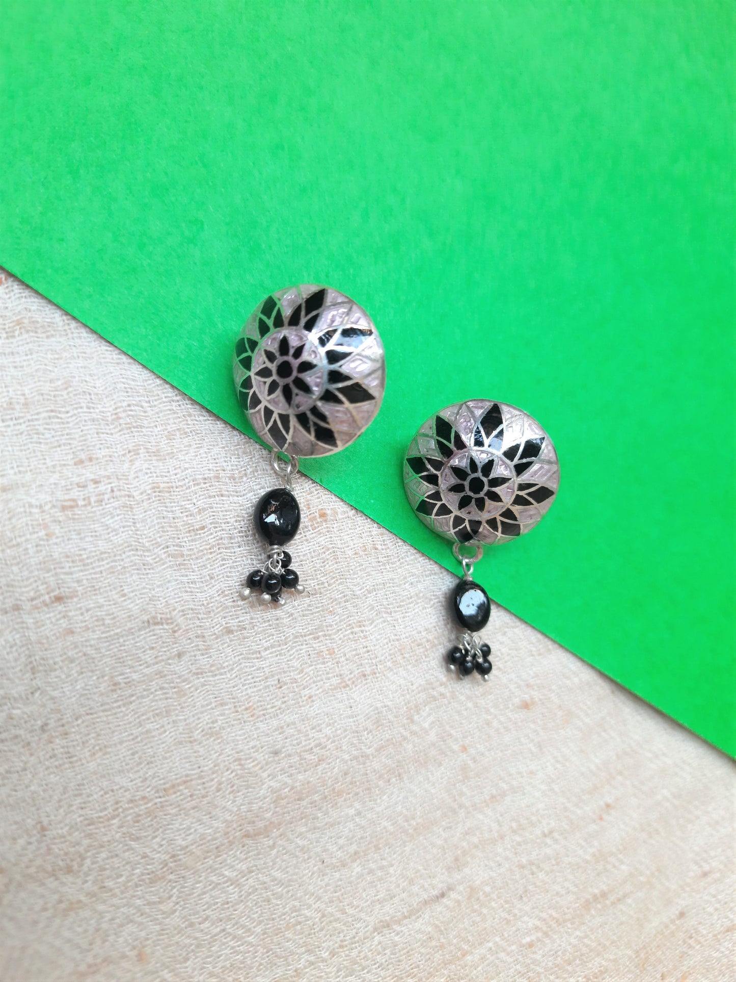 Hallmarked 92.5 Pure Silver Sheena Meenakari Pink, Black Earings