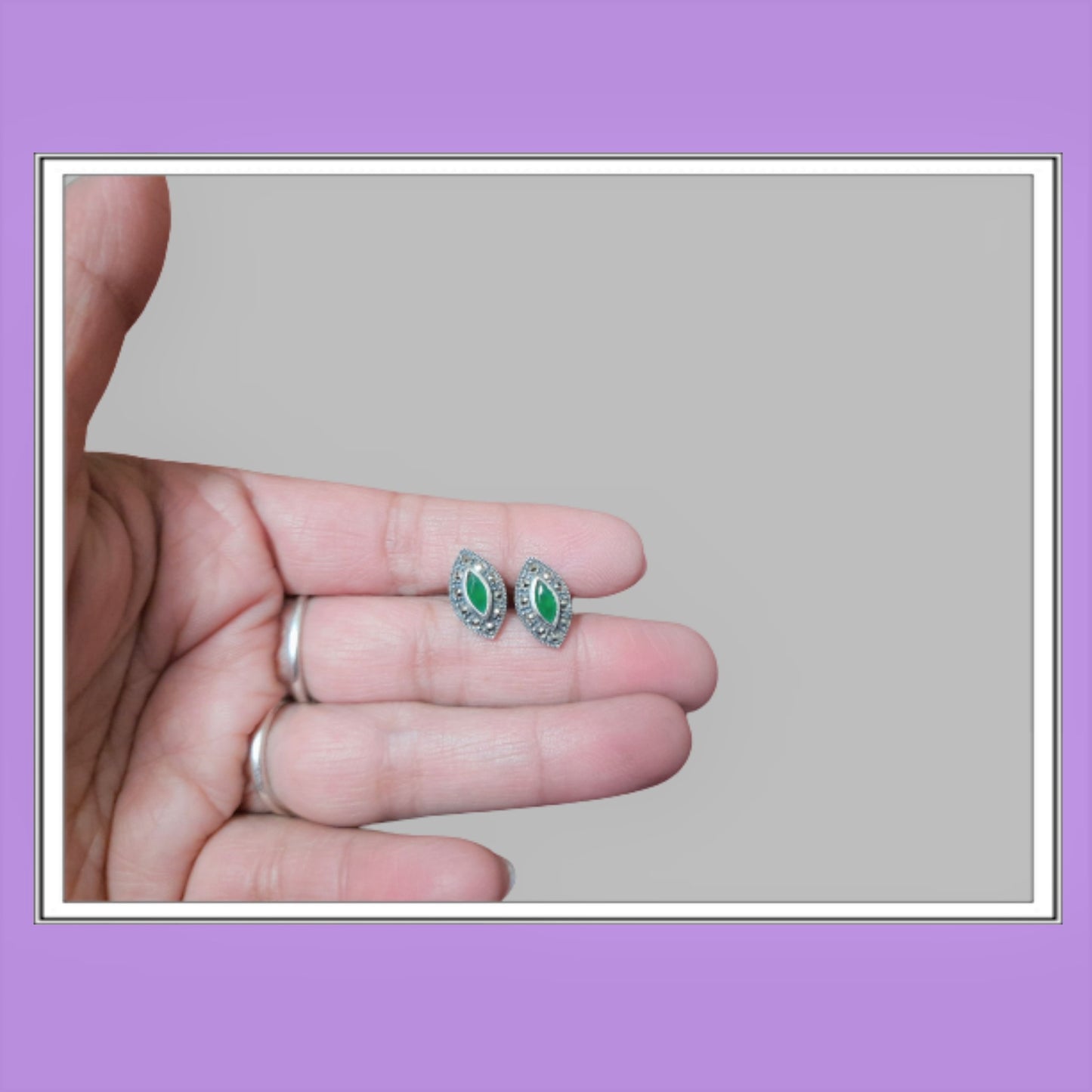 Hallmarked 92.5 Pure Silver SriVani Green Onyx Oval Marca Studs Earings