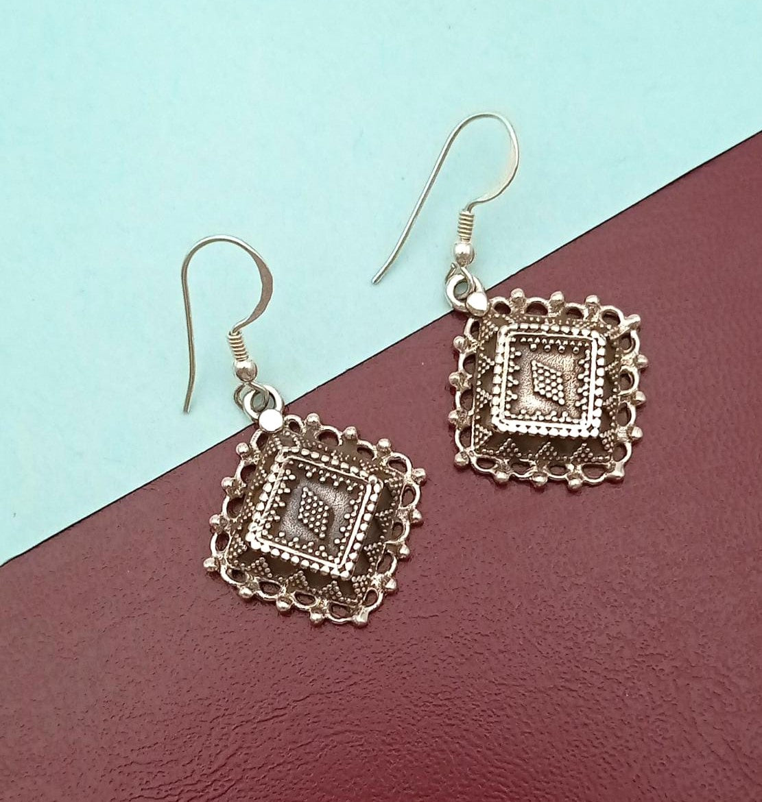 Pure 92.5 Silver Diksha Oxidized Square Danglers