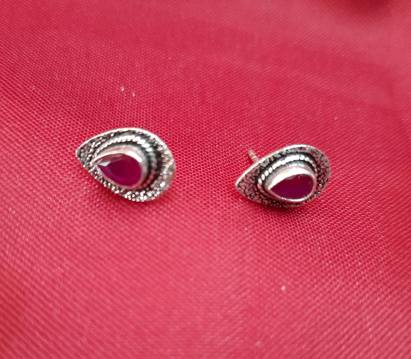 Hallmarked 92.5 Pure Silver SriVan Oxidized Ruby Drop Studs Earings
