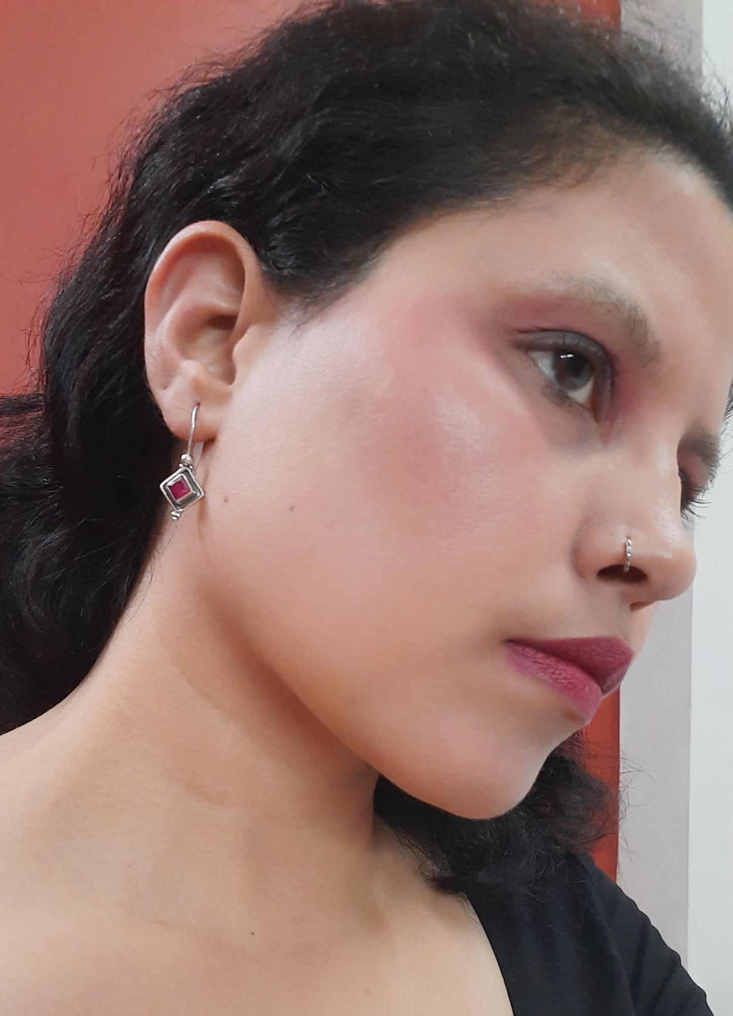 Hallmarked 92.5 Pure Silver Asha Red Square Danglers