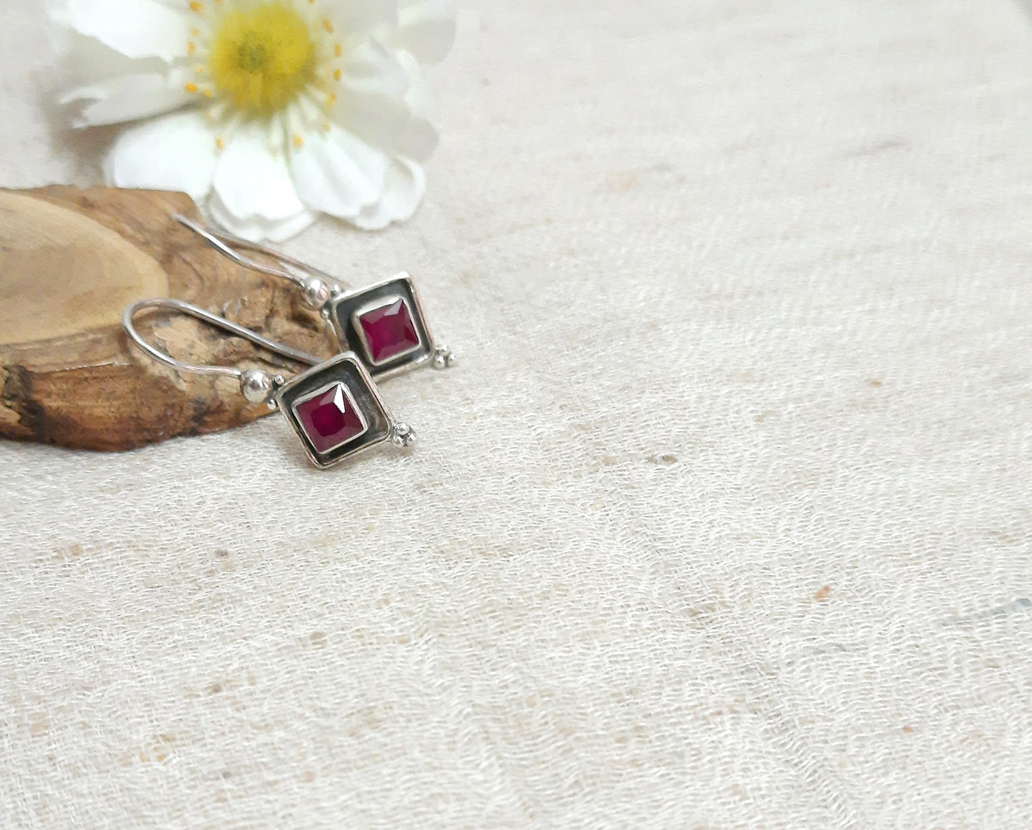 Hallmarked 92.5 Pure Silver Asha Red Square Danglers