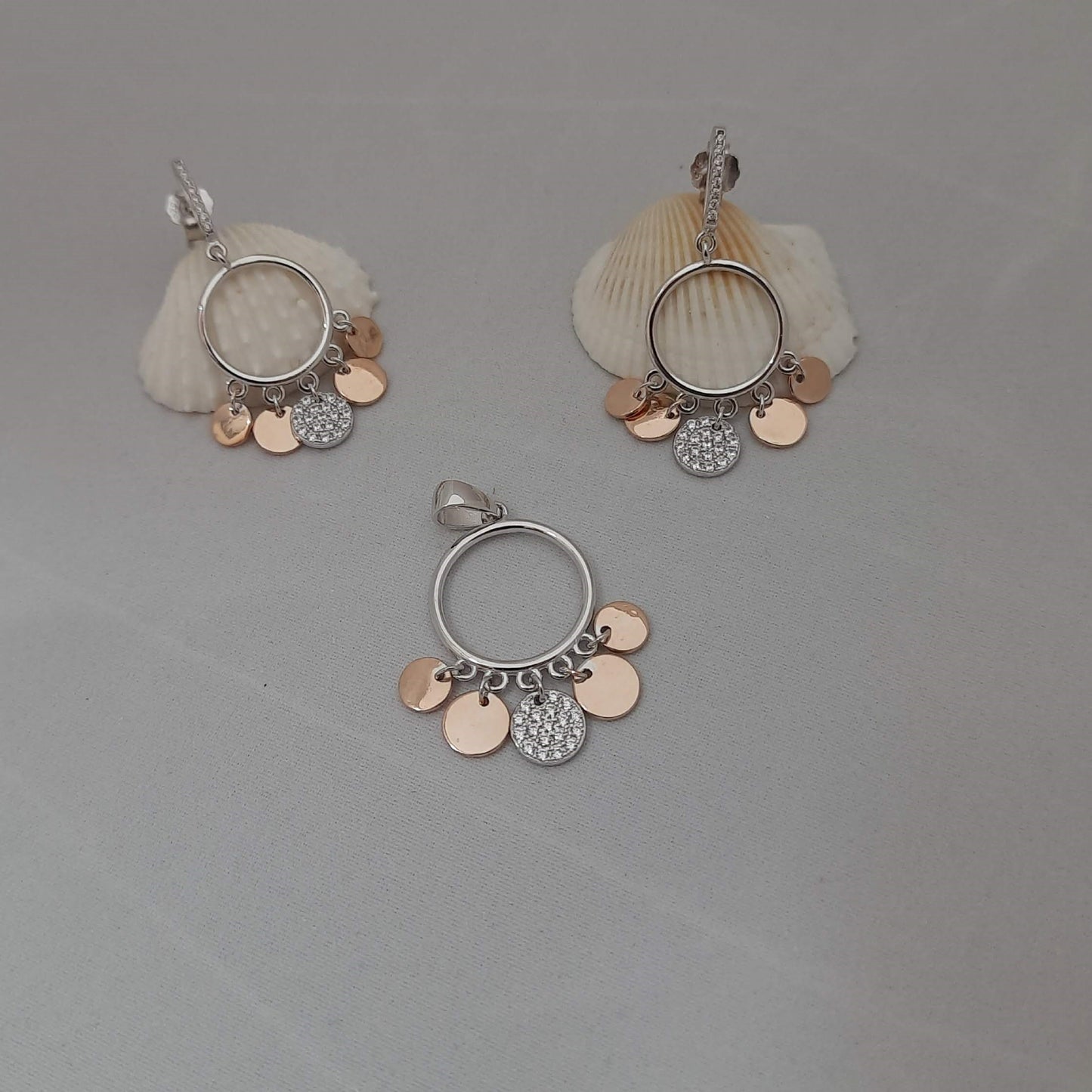 Hallmarked 92.5 Pure Silver Anushka Rose Gold AD Round Floral Pendant Set