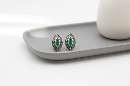 Hallmarked 92.5 Pure Silver SriVani Green Onyx Oval Marca Studs Earings