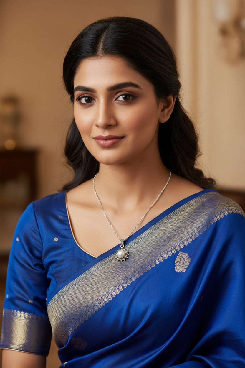 Hallmarked Pure 92.5 Silver NIRVI Pearl Marcasite Pendant Chain