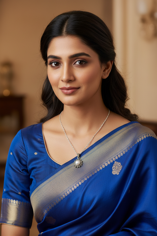 Hallmarked Pure 92.5 Silver NIRVI Pearl Marcasite Pendant Chain