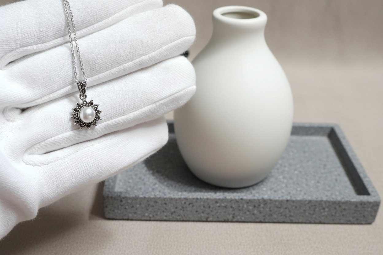 Hallmarked Pure 92.5 Silver NIRVI Pearl Marcasite Pendant Chain