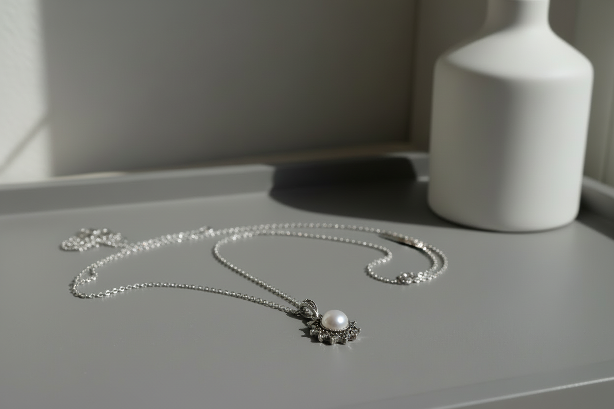 Hallmarked Pure 92.5 Silver NIRVI Pearl Marcasite Pendant Chain