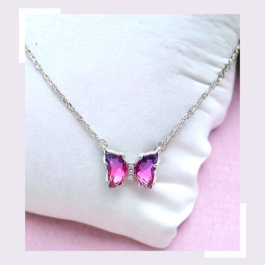 92.5 silver pink purple butterfly pendant chain