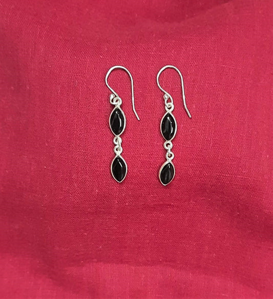 Hallmarked 92.5 Pure Silver KaMa Oxidized  Black Onyx  Oval Danglers