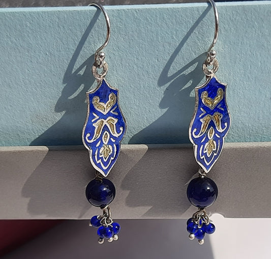 Hallmarked 92.5 Pure Silver Meera Meenakari Dark Blue Danglers