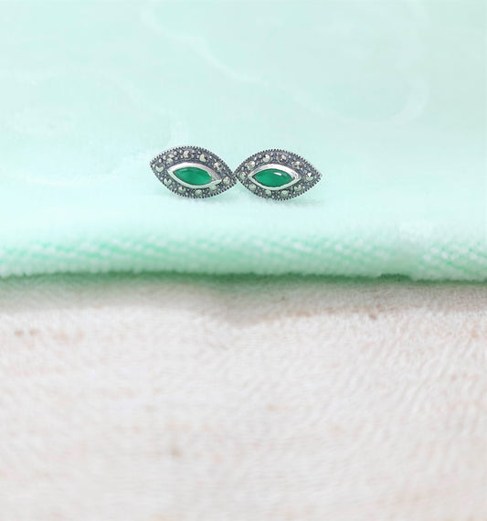 Hallmarked 92.5 Pure Silver SriVani Green Onyx Oval Marca Studs Earings