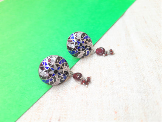 Hallmarked 92.5 Pure Silver Sheena Meenakari Dark Blue, Pink, Maroon Earings