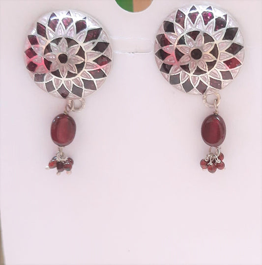 Hallmarked 92.5 Pure Silver Sheena Meenakari Pink, Maroon Earings