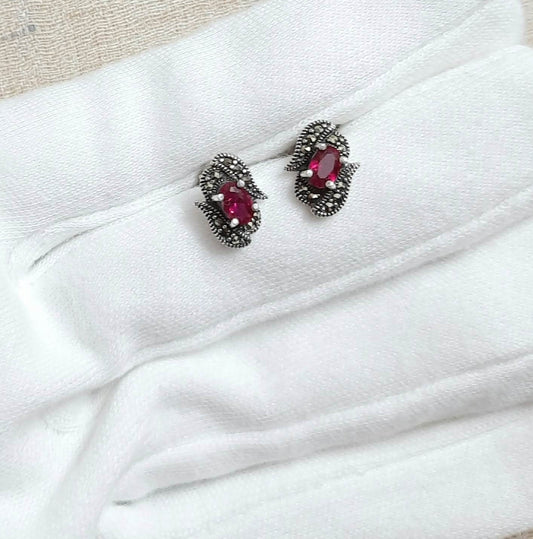 Hallmarked 92.5 Pure Silver Nisha Marcasite Pink Leaf Earings