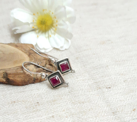 Hallmarked 92.5 Pure Silver Asha Red Square Danglers