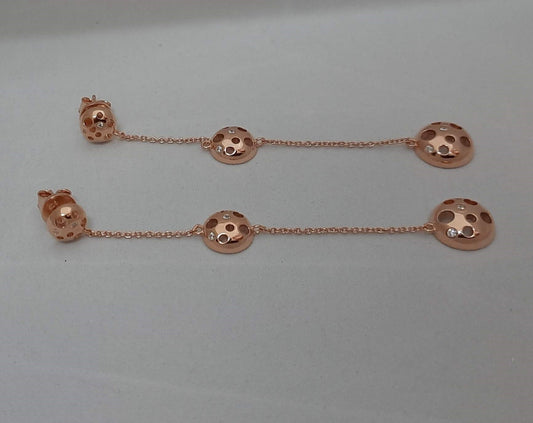 Hallmarked 92.5 Pure Silver Zoya Rose Gold AD Triple Balls Chain Earings